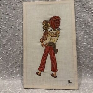 VTG Crewel Family 70s Needlecraft Hand Embroidered Fiber Art 12x20"